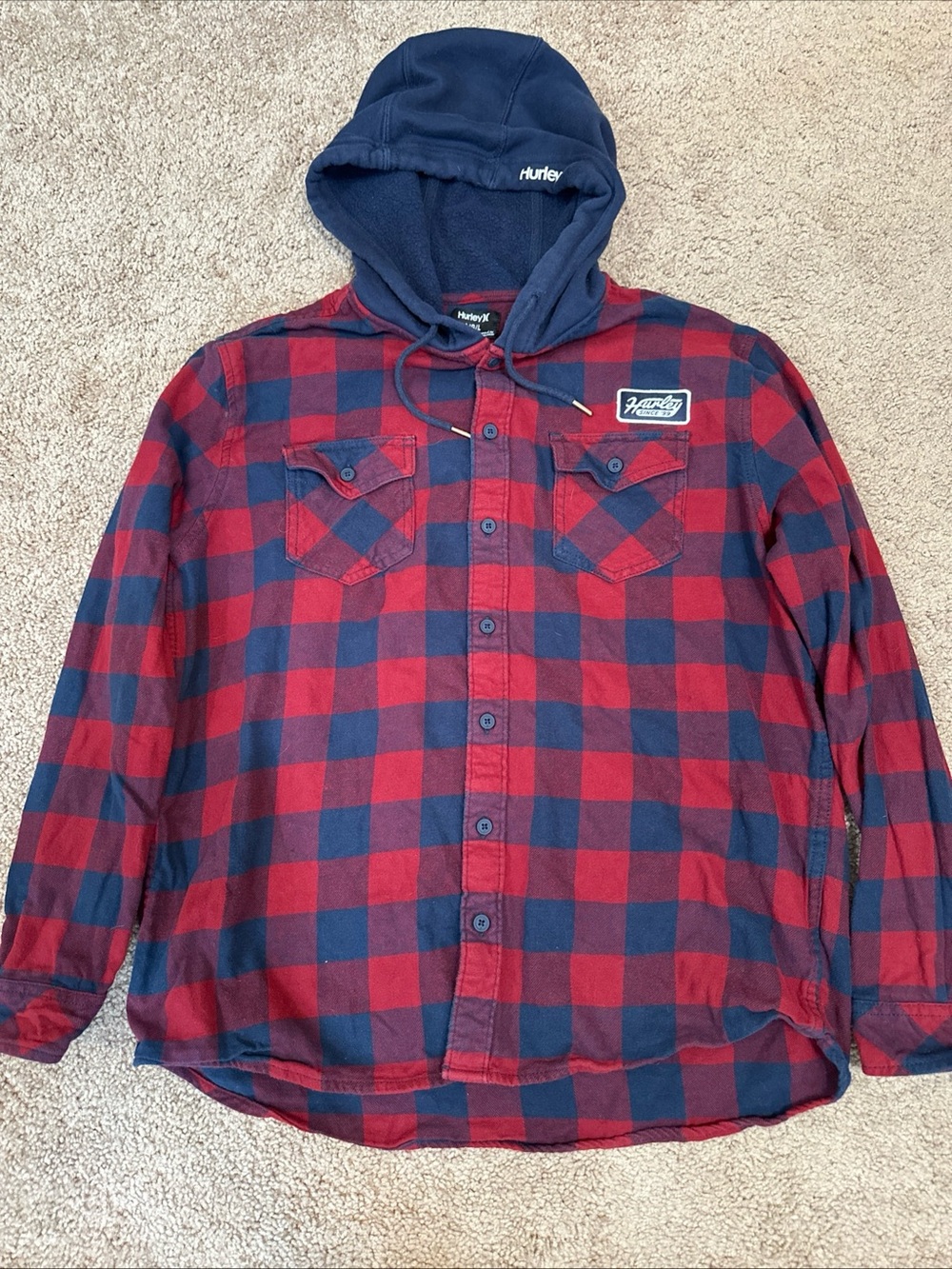 Hurley Men's Red and Navy Plaid Hooded Flannel Shirt